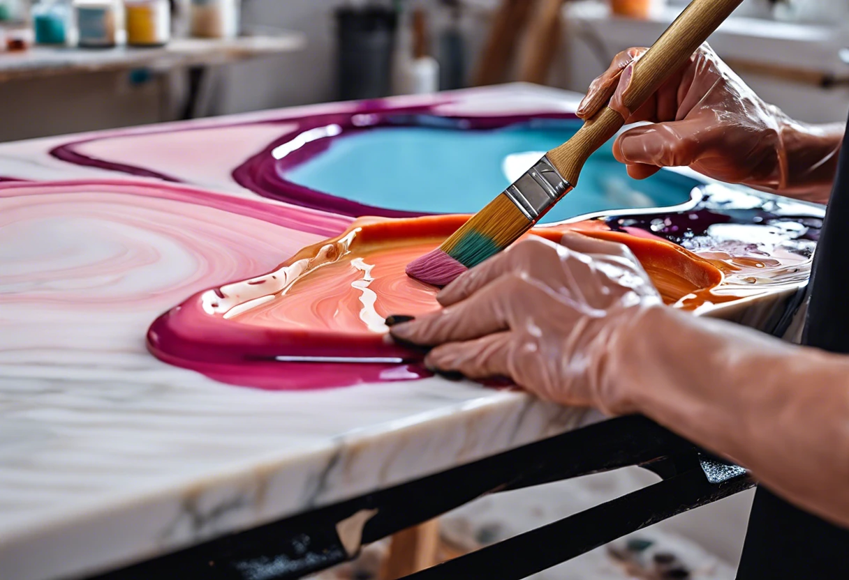 Person painting colorful patterns on cultured marble with a brush, showcasing the painting process.