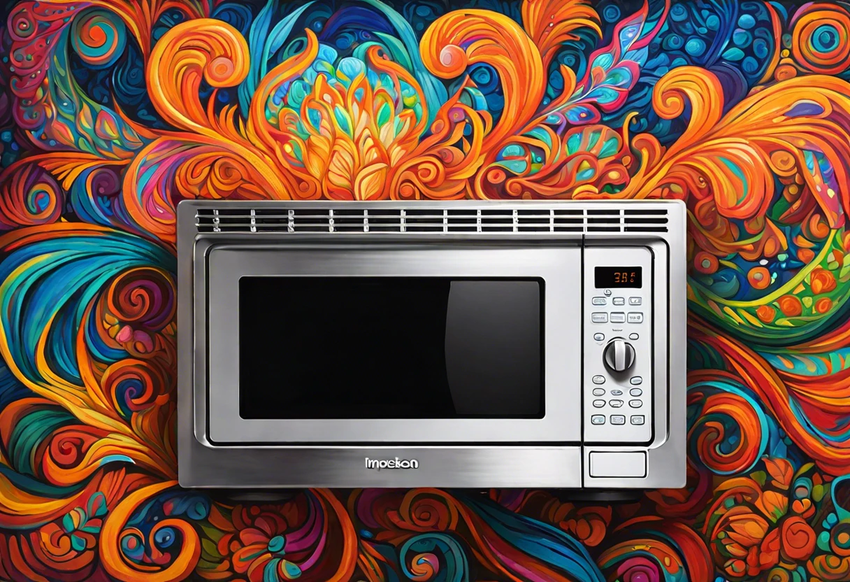 A colorful and artistic background surrounding a microwave, highlighting the idea of painting inside a microwave.