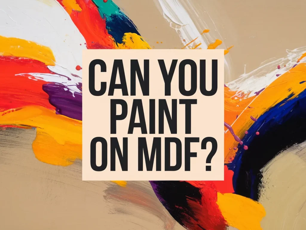Colorful artwork with text question Can You Paint On MDF highlighting painting techniques on MDF surfaces