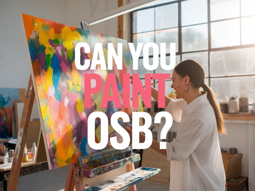 A creative individual painting on an OSB board in a bright studio, illustrating the process of painting OSB.