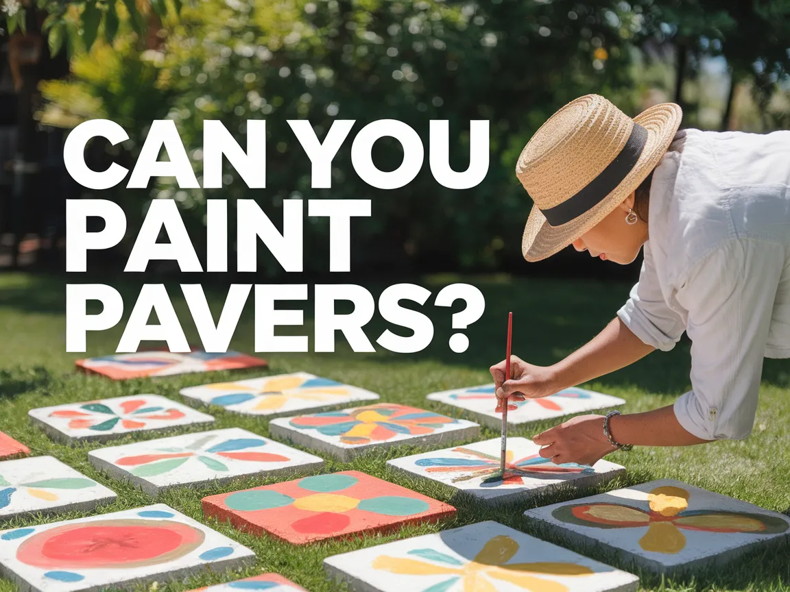 A person painting decorative designs on pavers in a garden setting, highlighting the process of painting pavers.