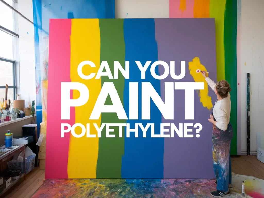 An artist painting on a colorful canvas with the question Can You Paint Polyethylene highlighted, showcasing painting techniques.