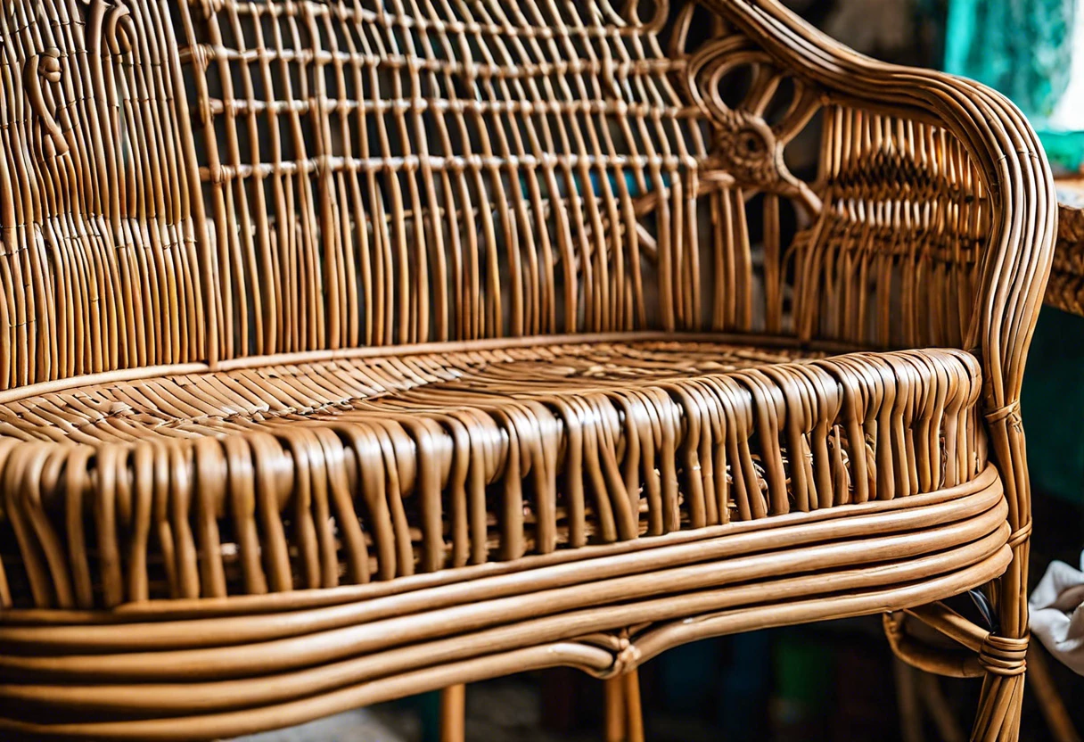 Close-up of a rattan chair, showcasing its intricate weave and texture, relevant for DIY painting projects.