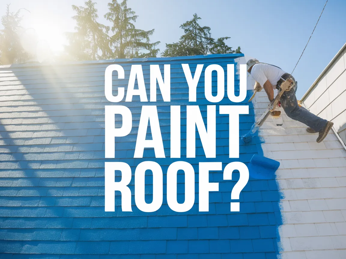 Homeowner painting a roof blue as part of roof maintenance and renovation.