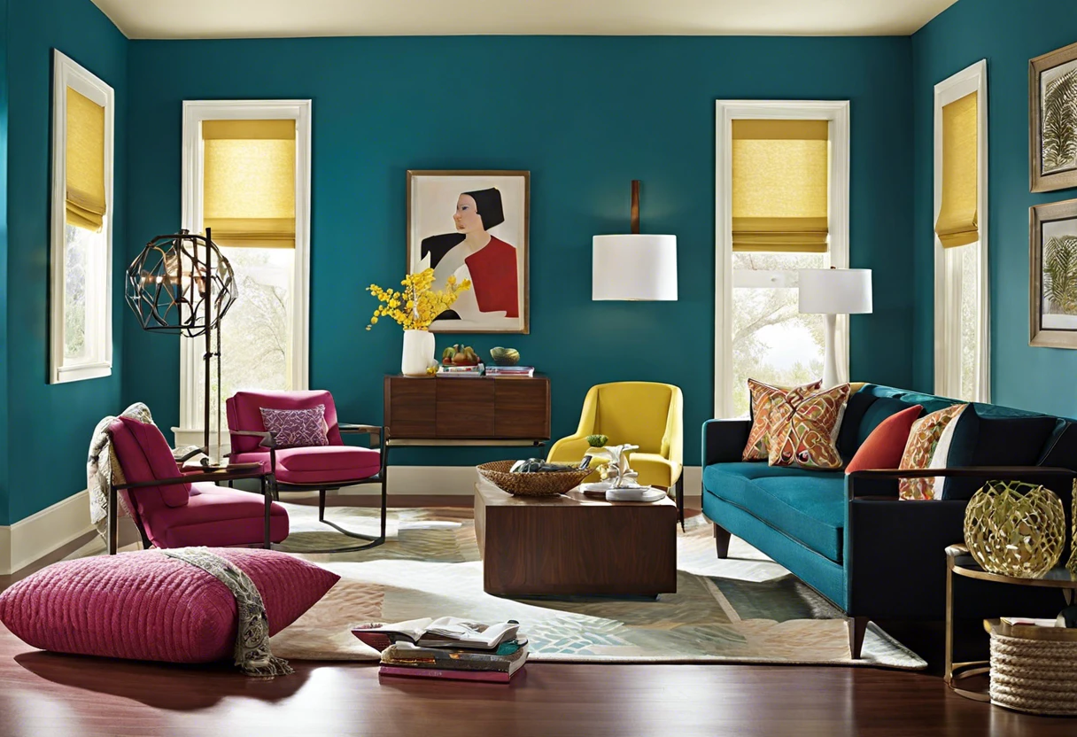 Colorful living room illustrating a paint job without primer, featuring teal walls and modern furniture.