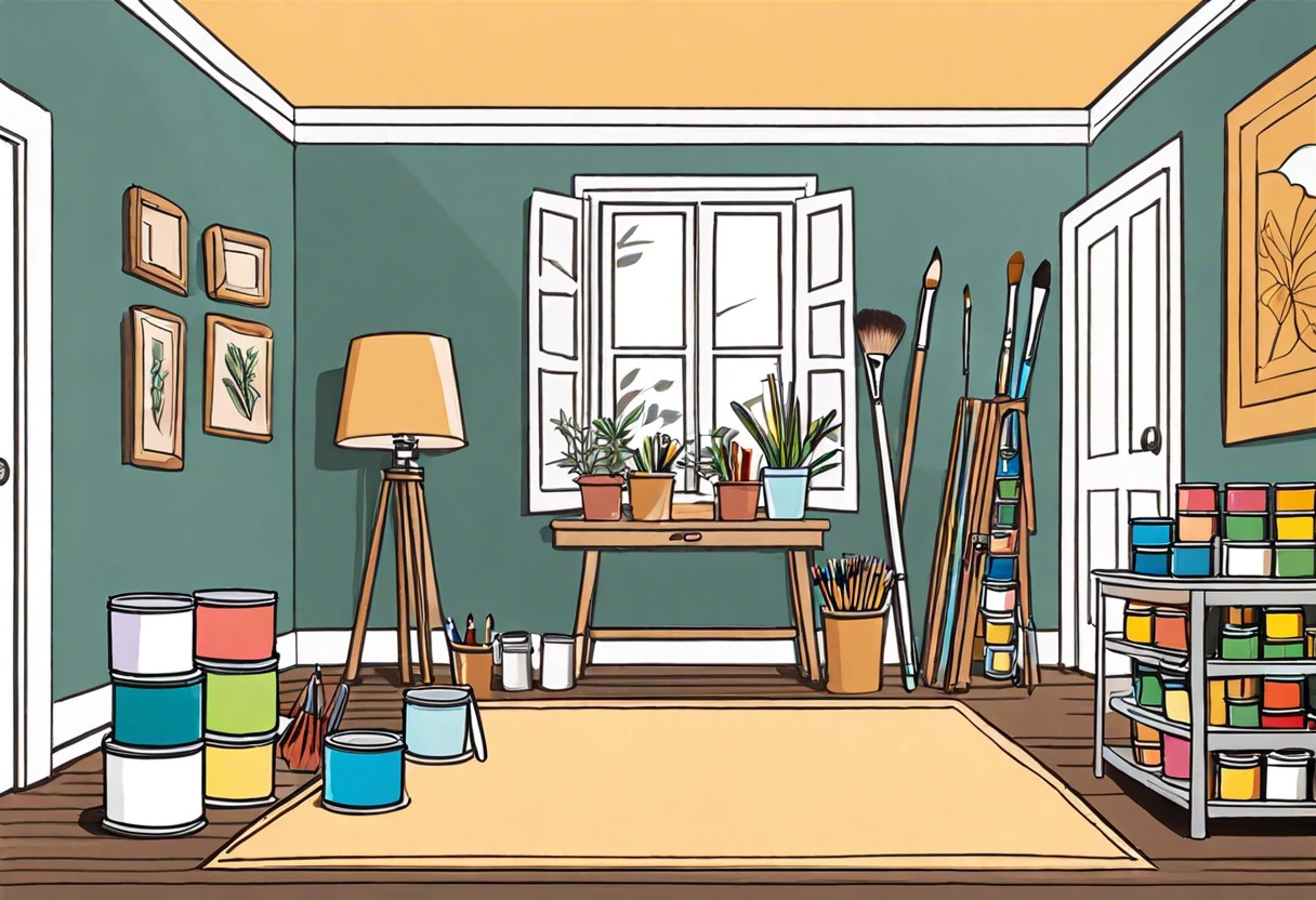 Image showing various cans of paint in a room, relevant to how many cans of paint are needed to paint a room.