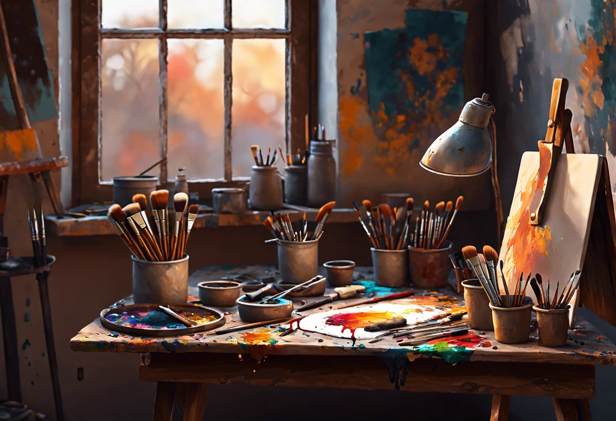 A cluttered artist's workspace with paintbrushes and a palette, illustrating the process of painting on canvas before ironing.