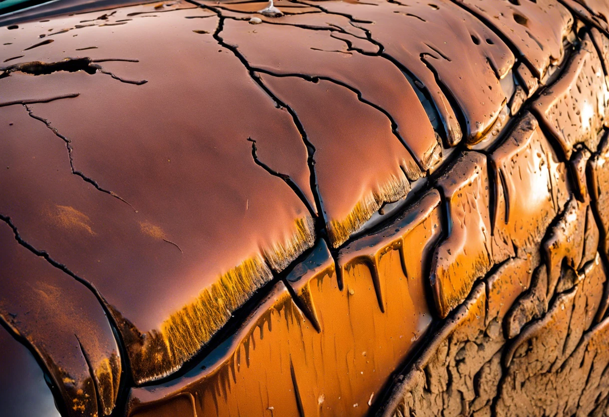 Close-up of cracked and damaged car paint showing effects of ash exposure.