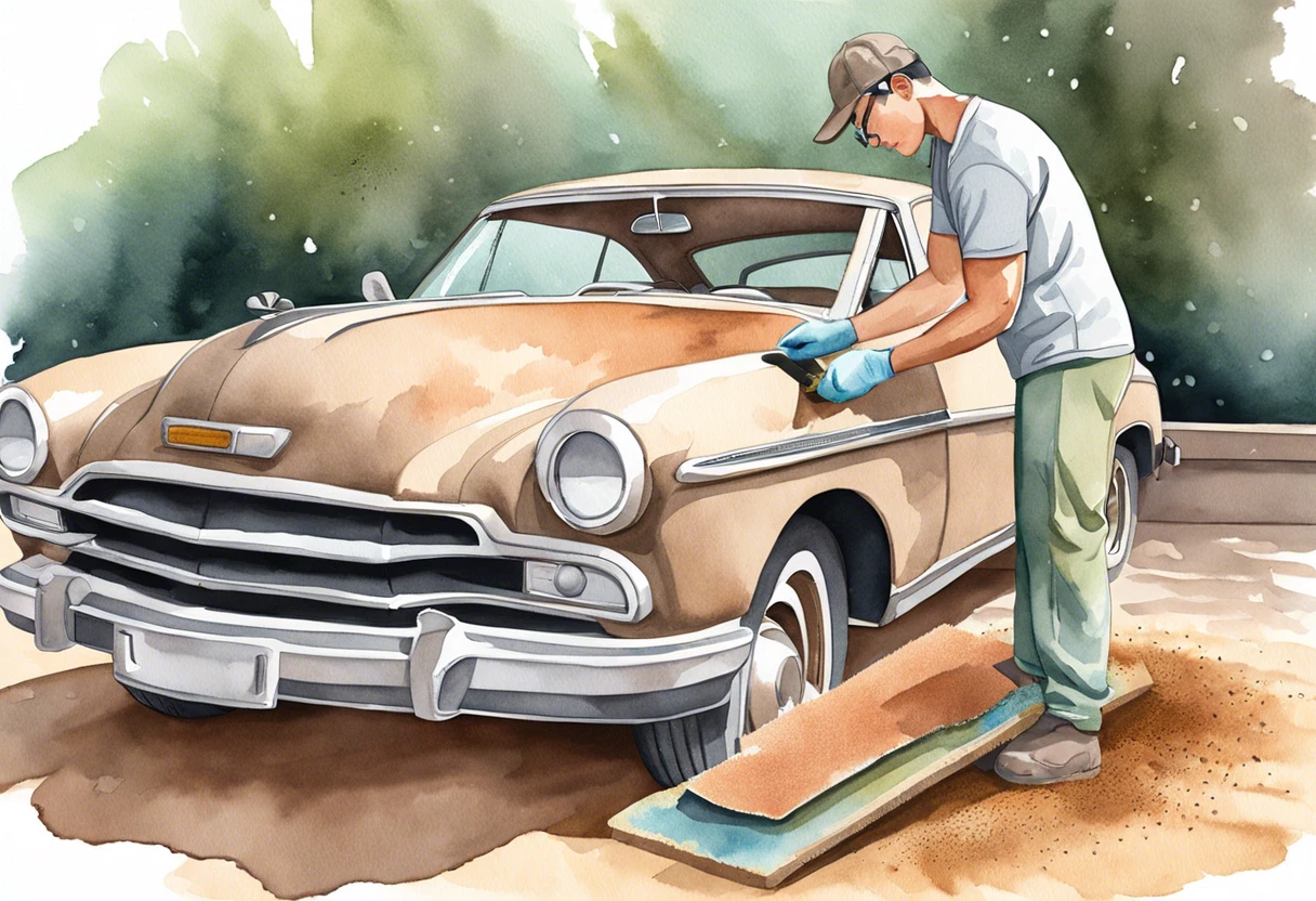 Person sanding a car's surface using sandpaper for paint preparation