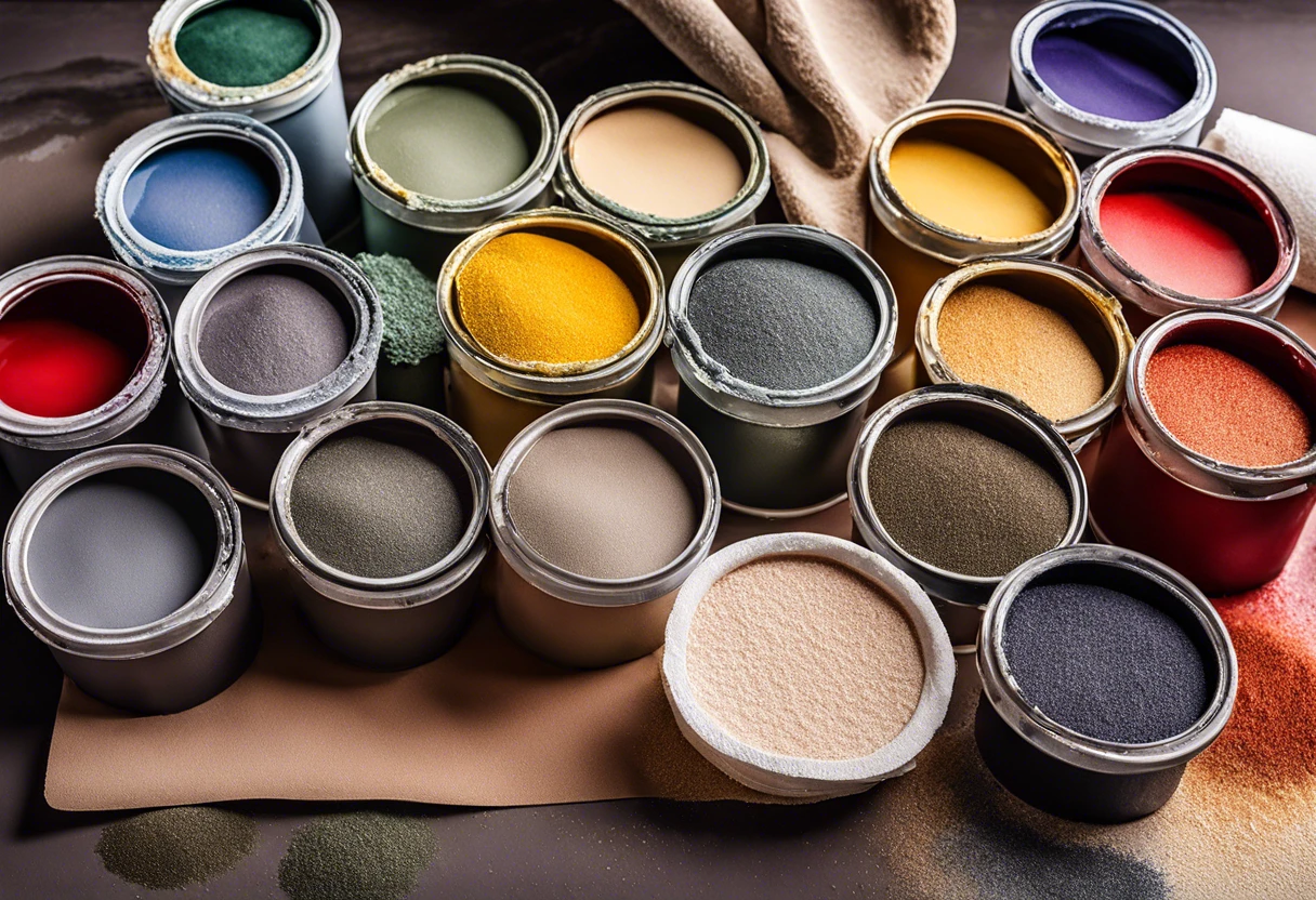 Assorted cans of paint and sandpaper grit options for car paint prep