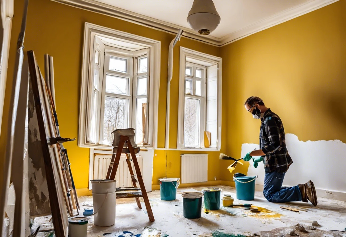 Person painting a ceiling with various paint cans and tools in a room, highlighting the cost to paint a ceiling.