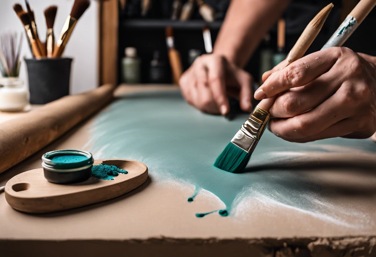 Close-up of a person applying chalk paint over existing chalk paint on a surface.