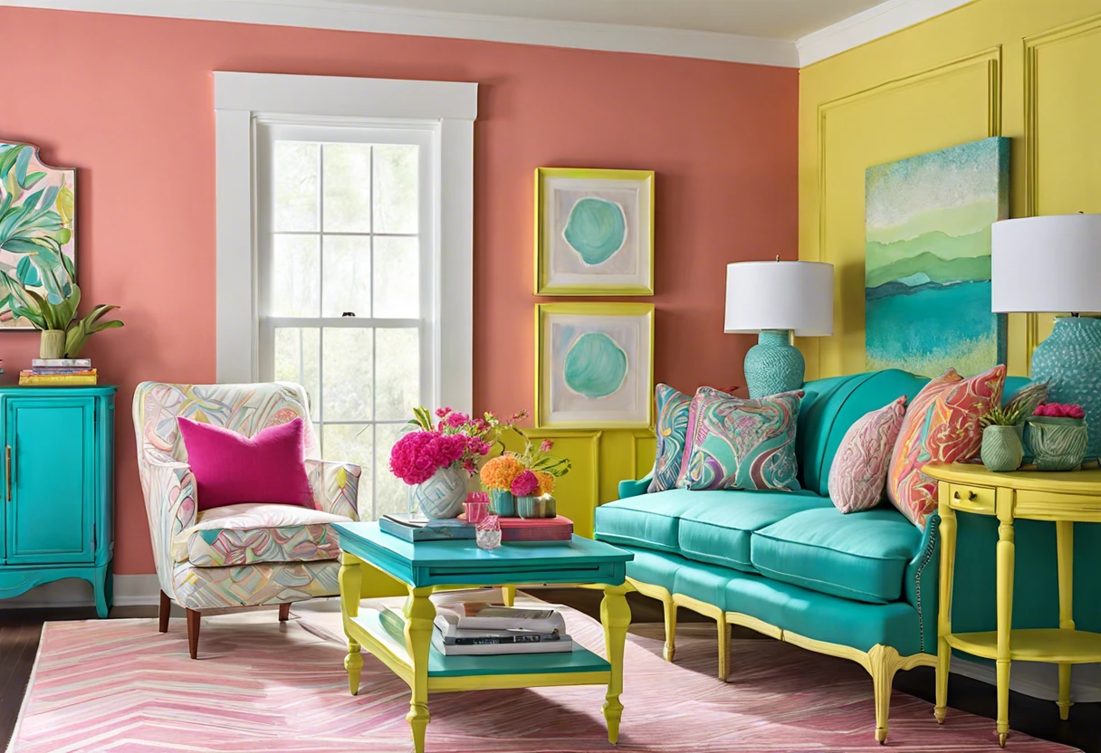 Vibrant living room featuring furniture and walls painted with chalk paint, illustrating the effects of applying chalk paint over chalk paint.