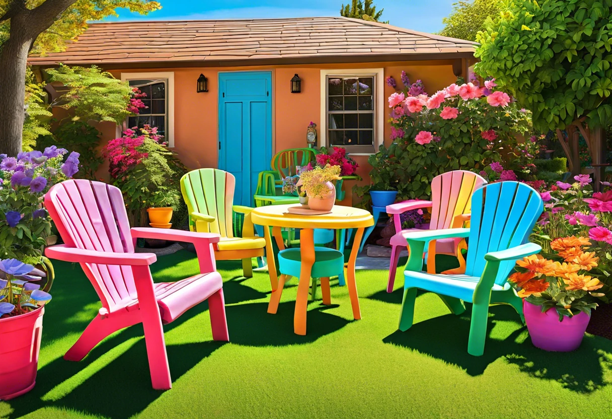 Colorful outdoor furniture painted with chalk paint, suitable for plastic surfaces.