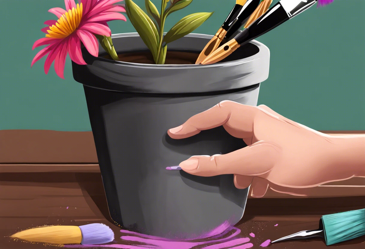 A hand testing chalk paint on a plastic flower pot surrounded by art supplies.