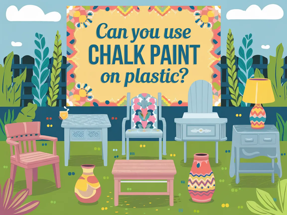 Colorful outdoor scene featuring furniture and decor, asking if chalk paint can be used on plastic.