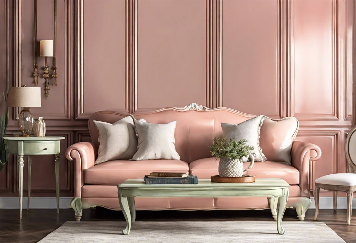 Living room with a painted pink sofa displaying chalk paint over polyurethane finish