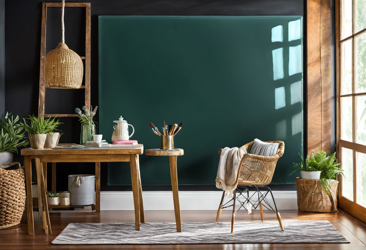 A stylish office space featuring chalkboard paint applied to a glass wall, showcasing a modern workspace.