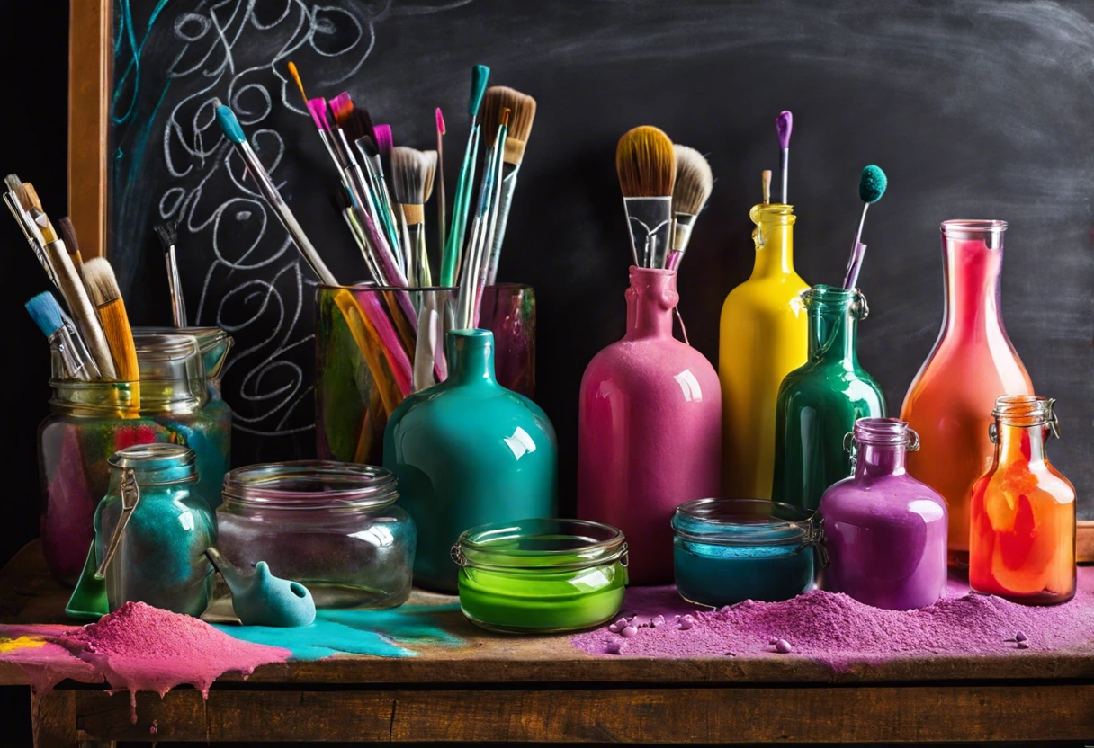 Colorful jars and brushes near a chalkboard background, ideal for chalkboard painting on glass.