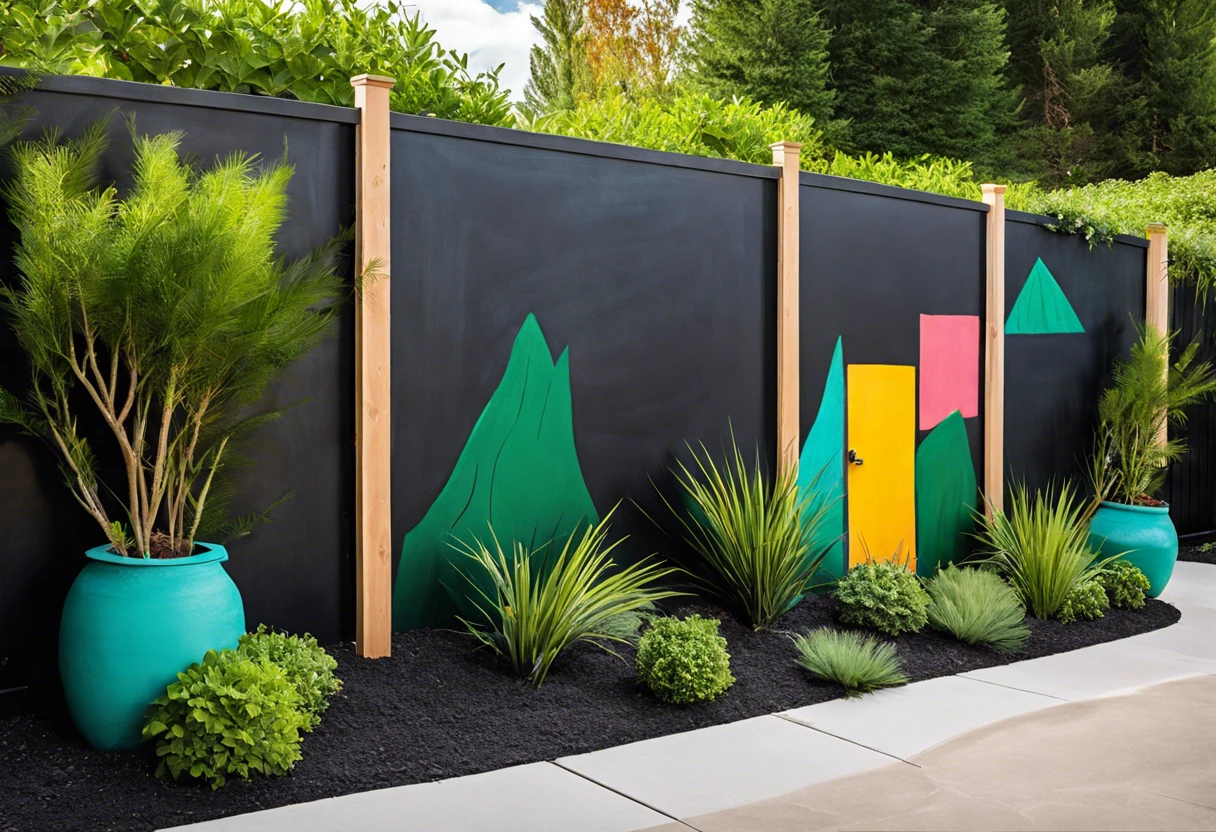 A vibrant outdoor wall painted with chalkboard paint, featuring colorful designs and greenery.