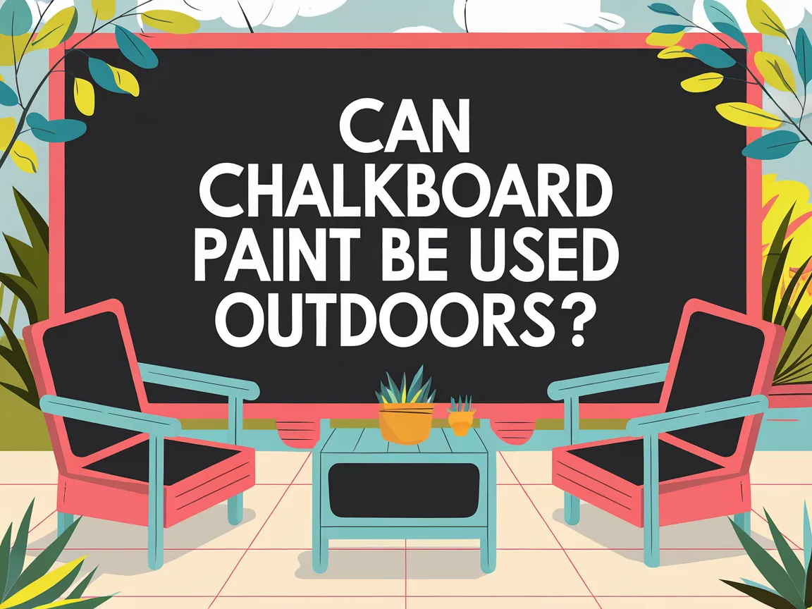 A vibrant outdoor scene featuring a chalkboard asking if chalkboard paint can be used outdoors, surrounded by chairs and plants.