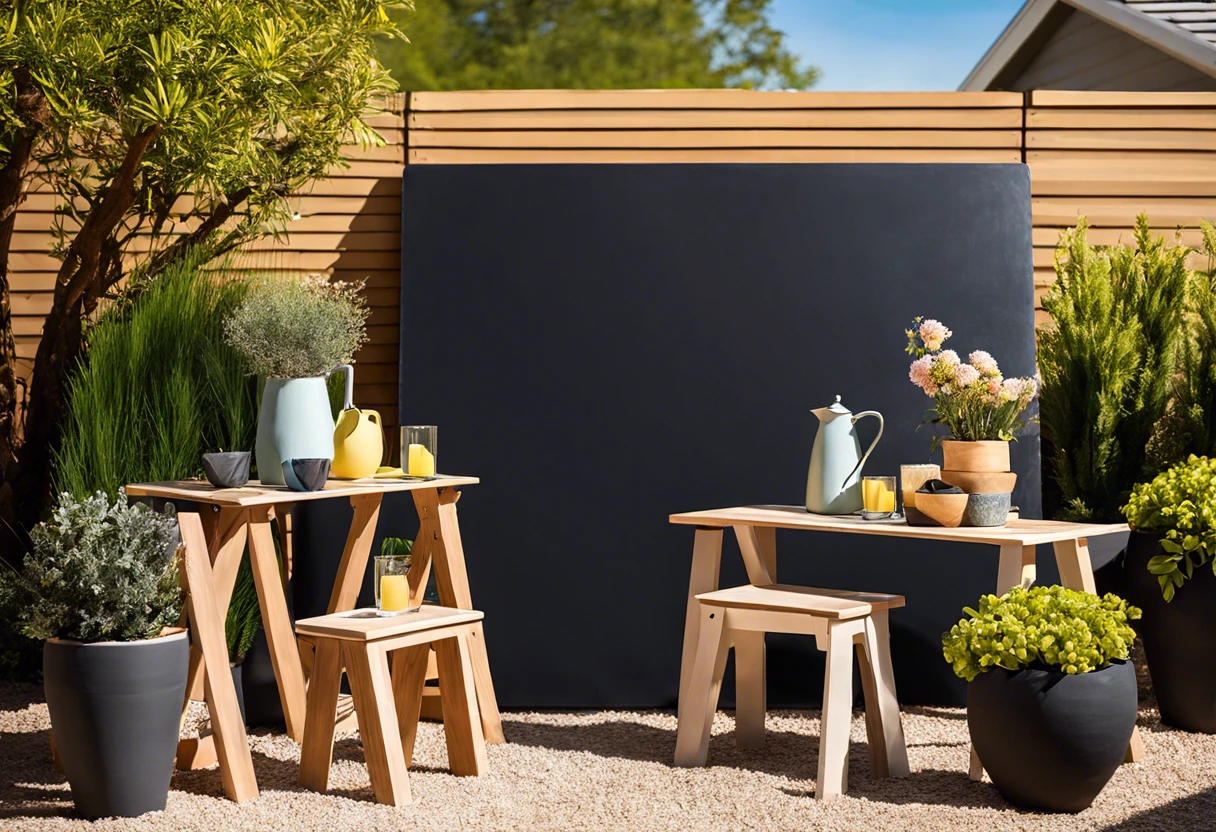 Outdoor setting featuring a large chalkboard painted area with tables and greenery, illustrating the use of chalkboard paint outdoors.