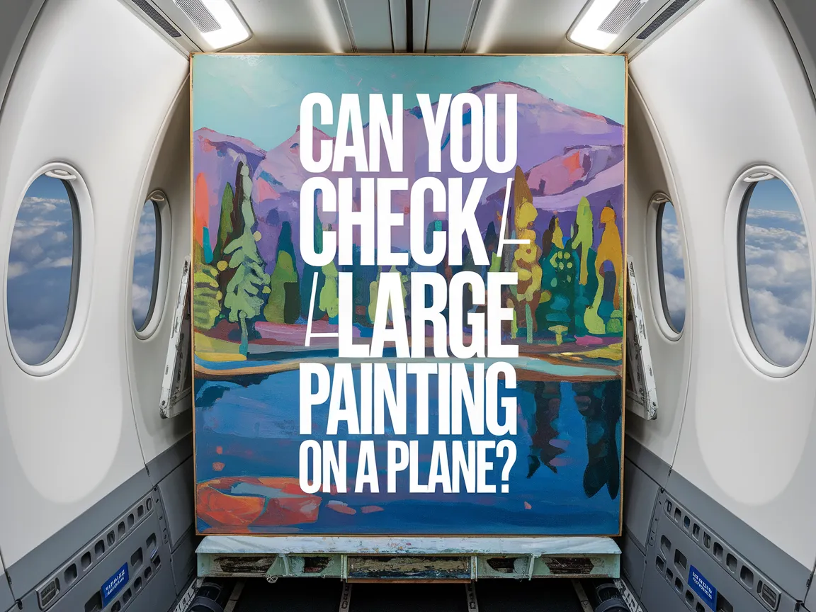 A large painting displayed inside an airplane cabin, illustrating the question of checking large art pieces on flights.