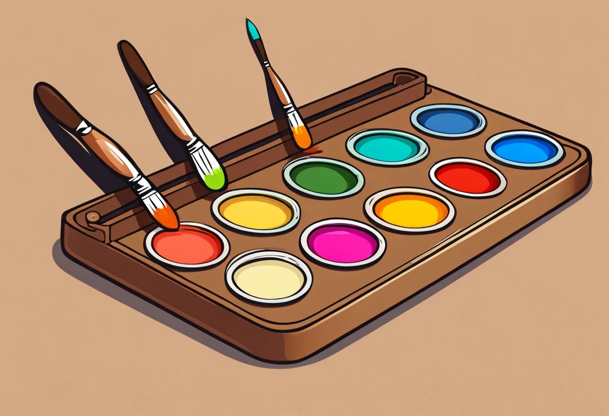 Assorted chip paint brushes and a color palette showcasing various paint colors, relevant to chip paint brushes.