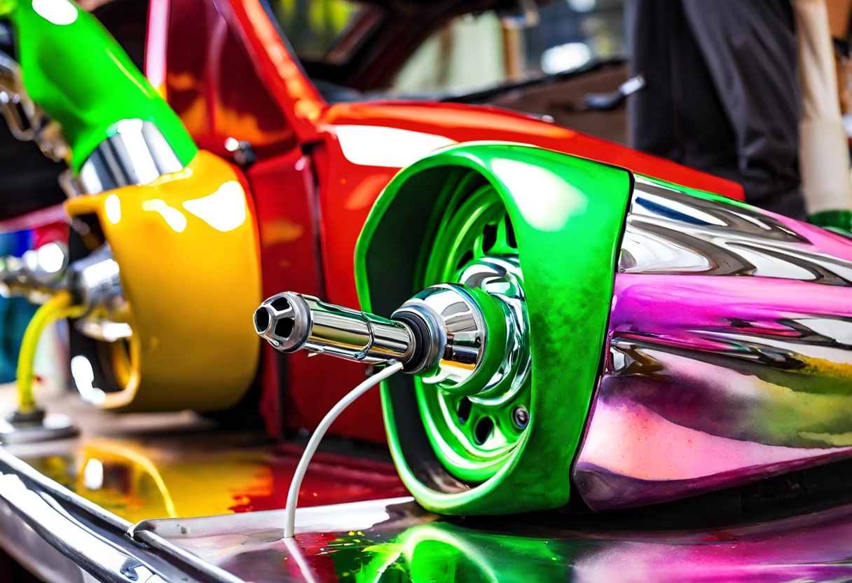 Close-up of a painted chrome bumper showcasing vibrant colors and artistic design.