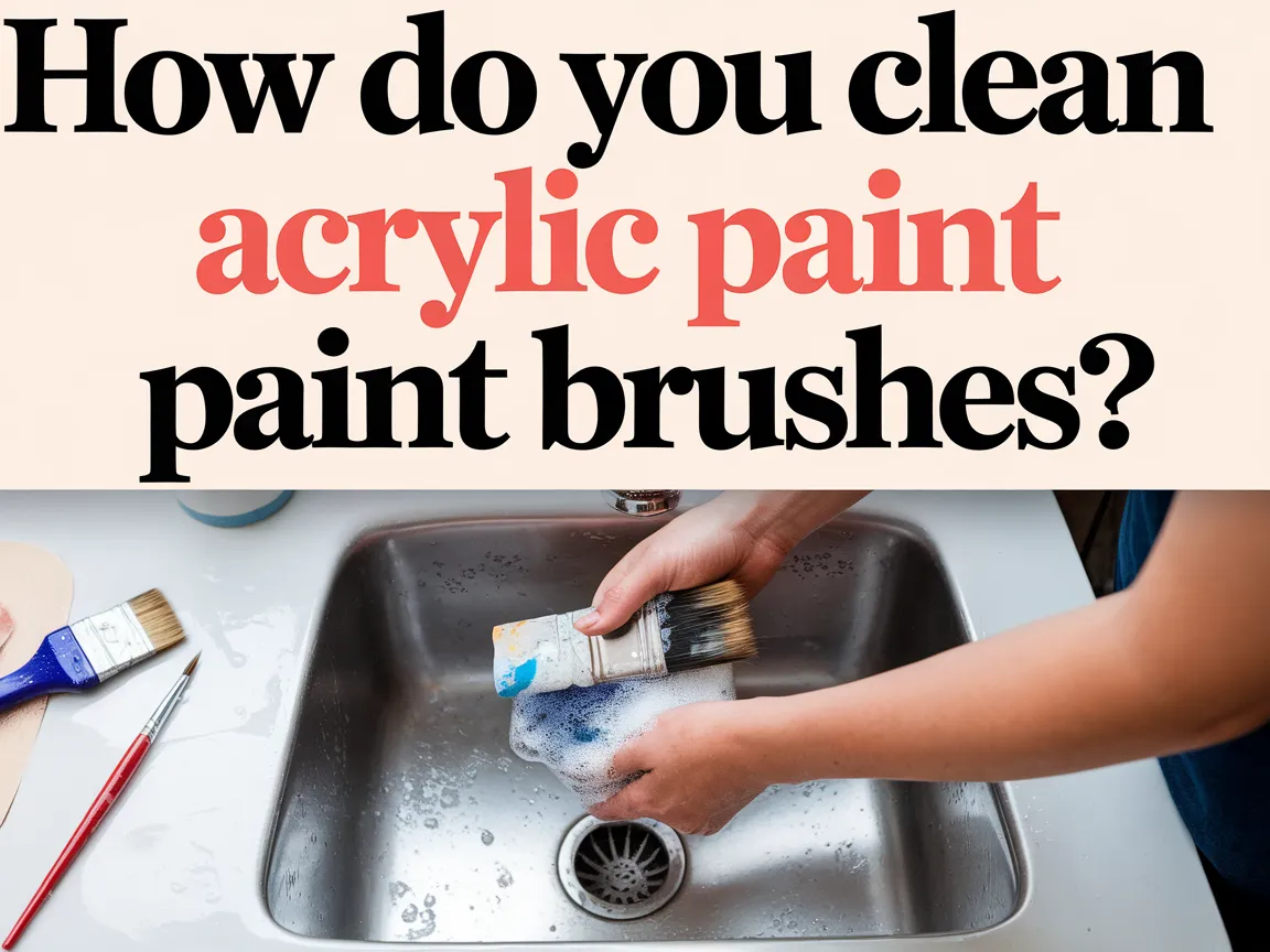 A person cleaning acrylic paint brushes in a sink with water and soap.