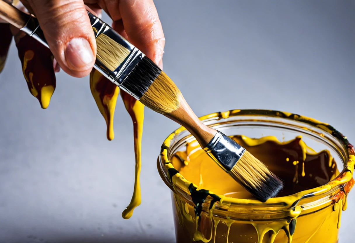 Person cleaning a paint brush with dried paint by dipping it in yellow paint