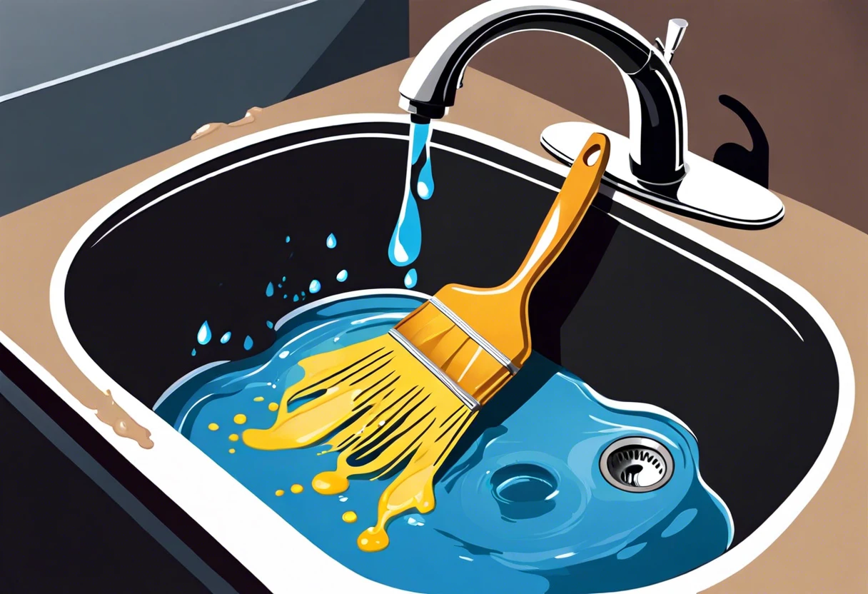 A paint brush being cleaned in a sink with water and stain residue