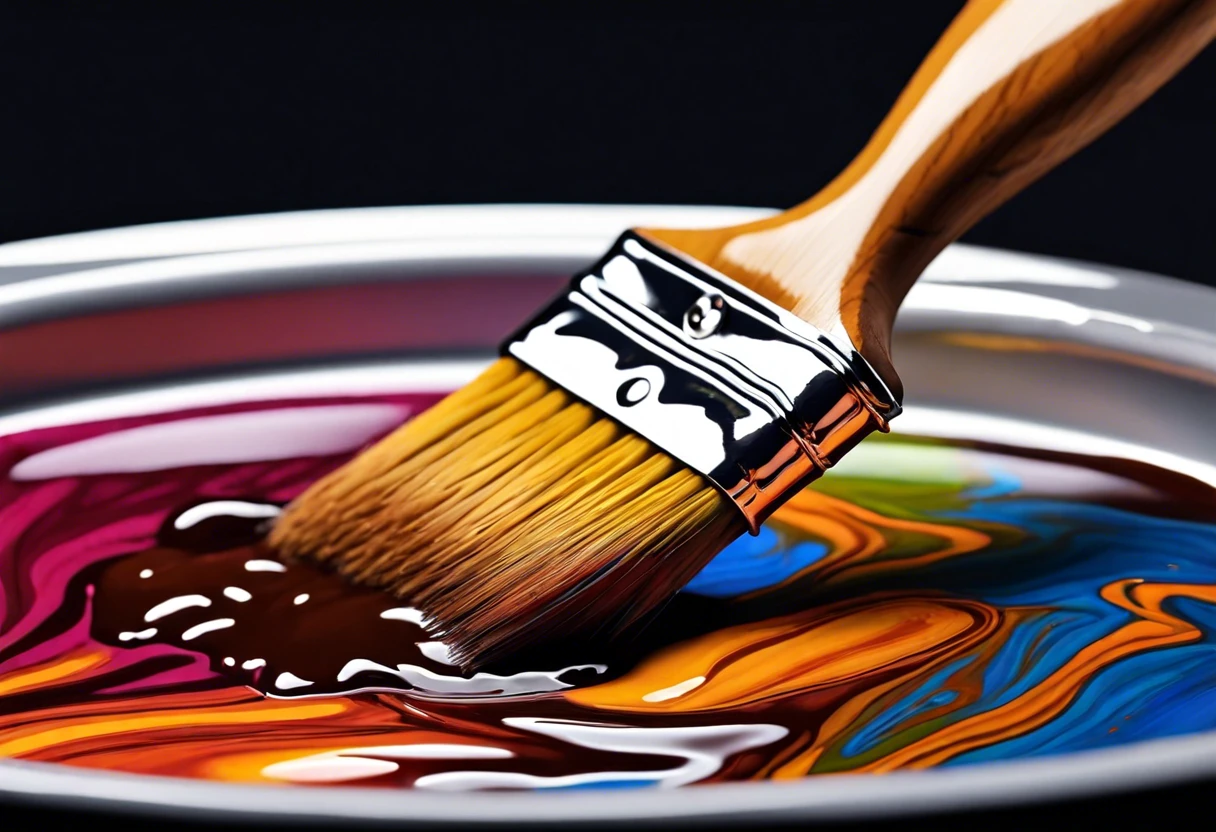 A paintbrush in a metallic tray filled with colorful stain, demonstrating the process of cleaning a paint brush with stain.