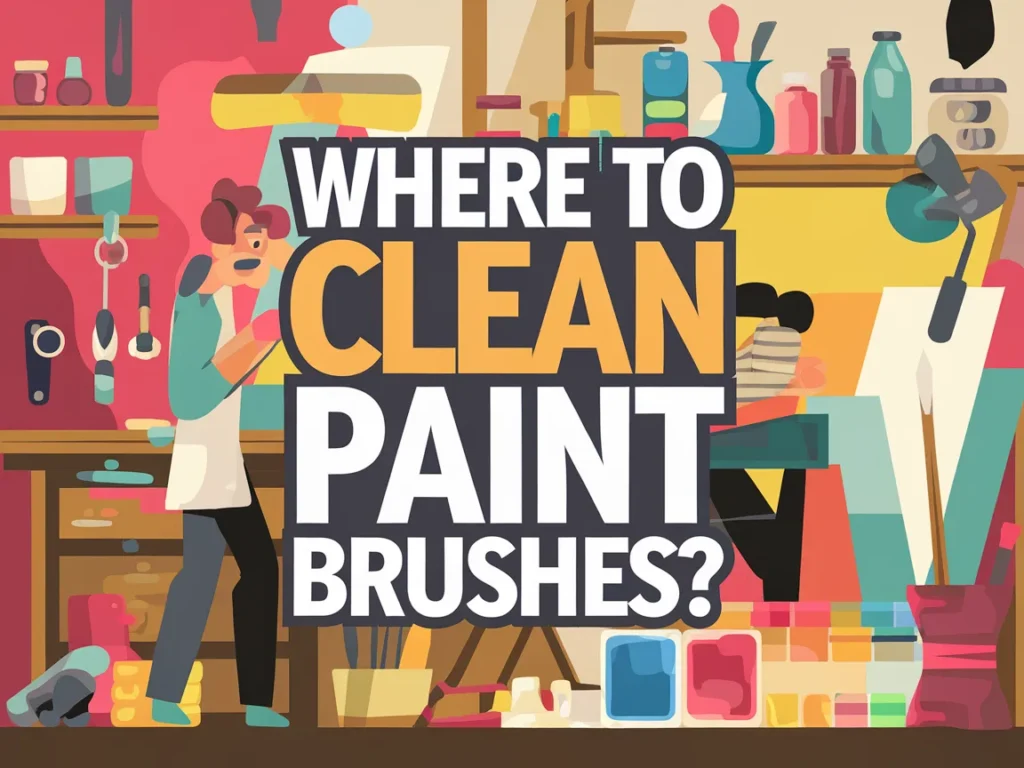 An illustration showing a person asking where to clean paint brushes in an art studio filled with supplies.