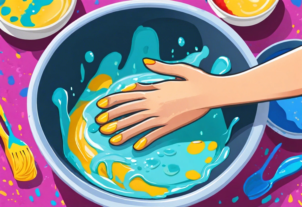 A hand cleaning acrylic paint brushes in a bowl of water with vibrant paint colors.