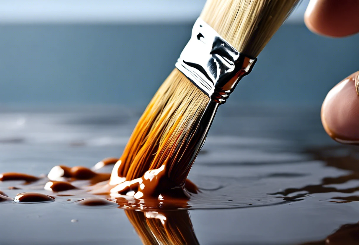 Close-up of a paint brush immersed in a liquid solution for cleaning dried paint.