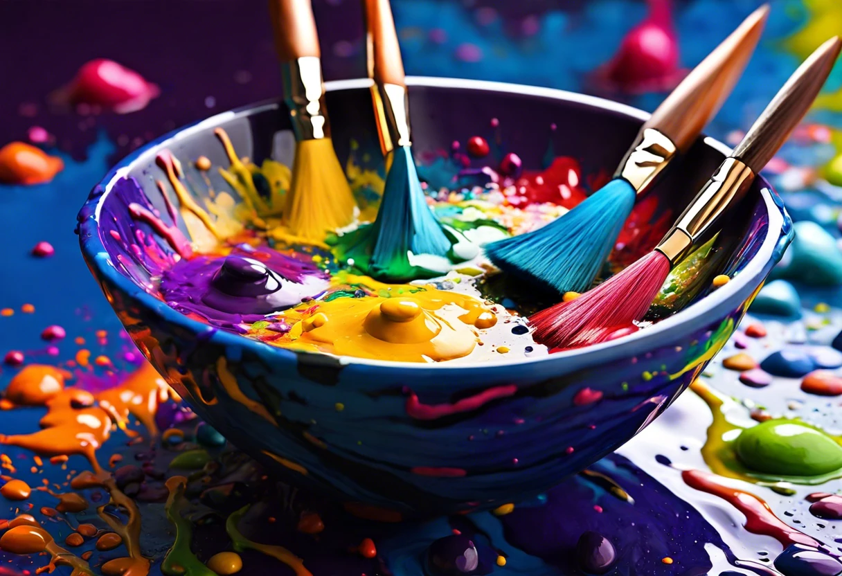 Colorful oil paint brushes in a bowl surrounded by vibrant paint splatters, illustrating the challenge of cleaning oil paint brushes with water.