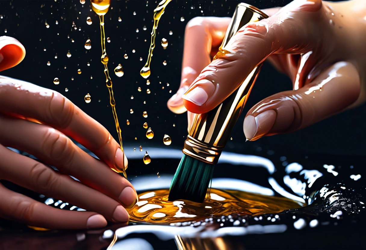 A close-up of hands cleaning oil paint brushes in a mixture of water and oil, illustrating the challenge of using water for oil paint brushes.