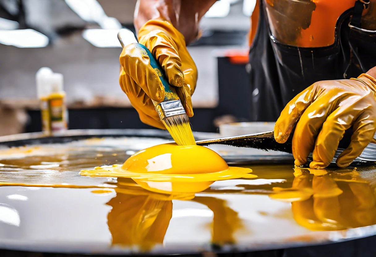 Person applying clear coat over yellow paint surface with a brush.