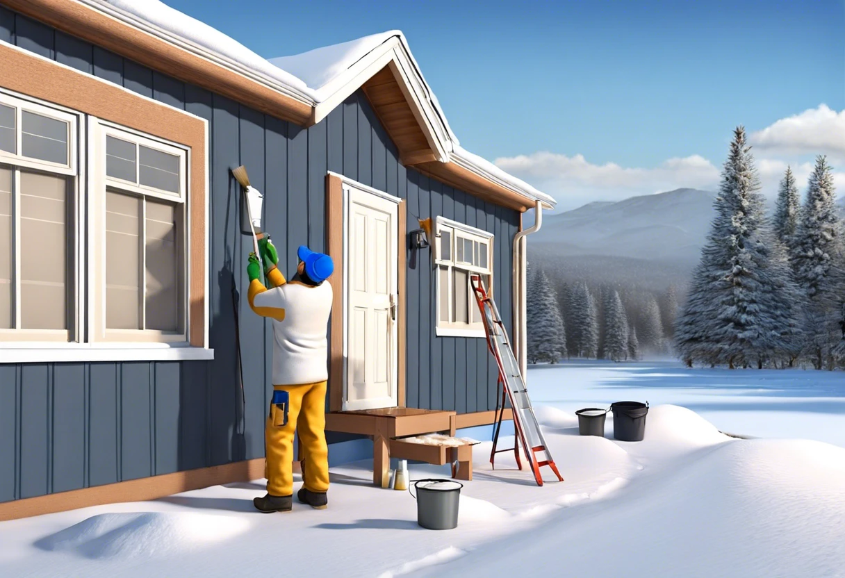 Person painting exterior house in cold weather conditions with snow on the ground.