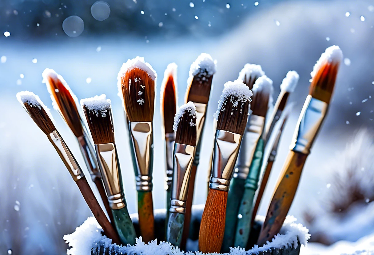 A collection of paintbrushes covered in snow, symbolizing challenges of painting in cold weather.