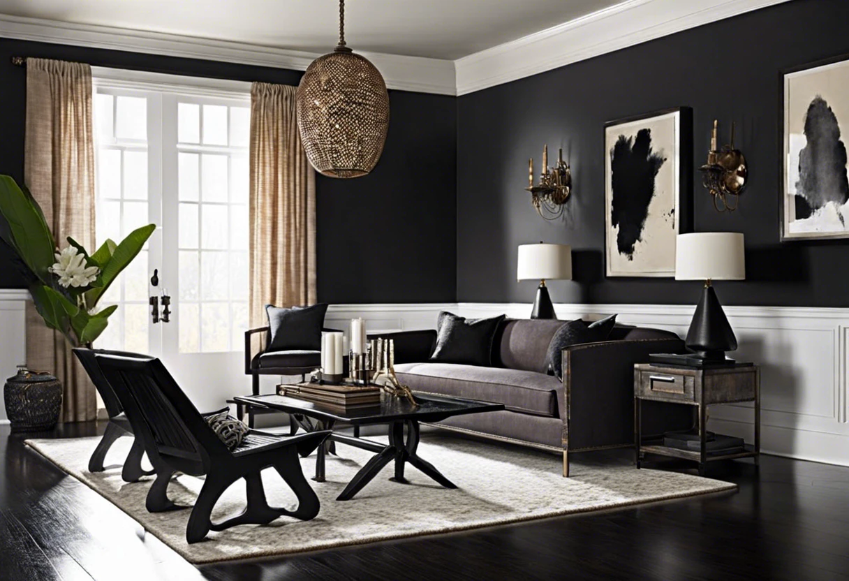 Elegant living room with black walls and white baseboards, showcasing color options to paint baseboards.
