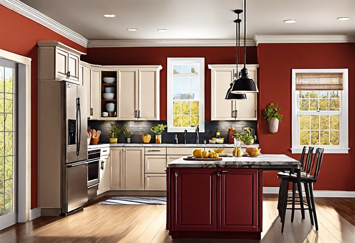 Modern kitchen interior showcasing a bold ceiling color choice, ideal for painting ideas.