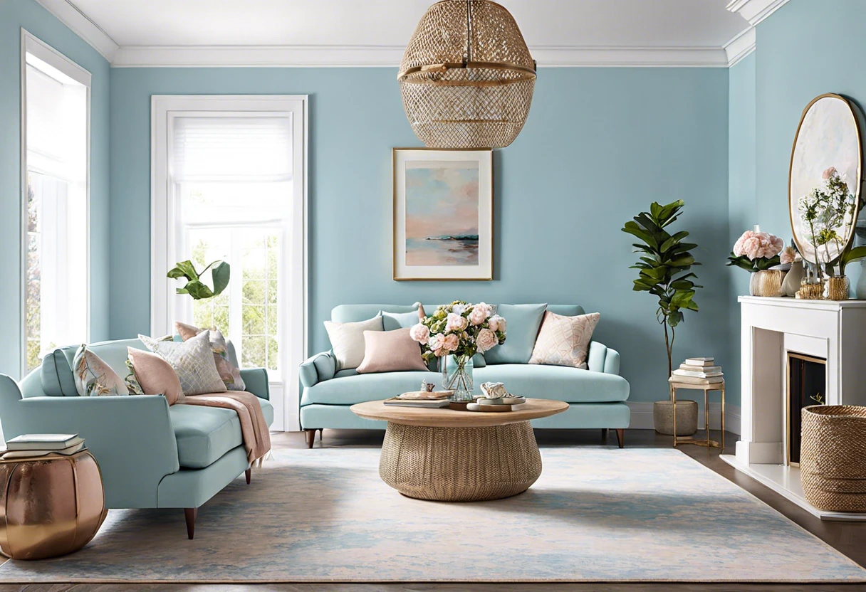 Living room with light blue paint that effectively conceals wall imperfections.