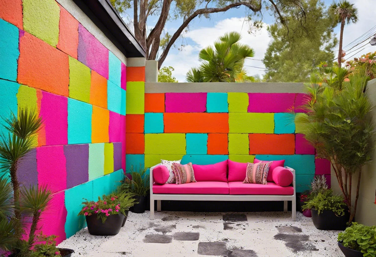 Vibrant painted cinder block wall showcasing various colors, perfect for exterior decoration.