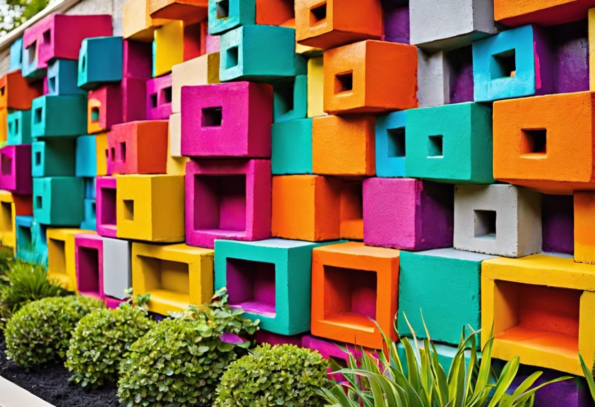 Vibrantly painted cinder blocks in various colors, showcasing the potential for painting cinder blocks.