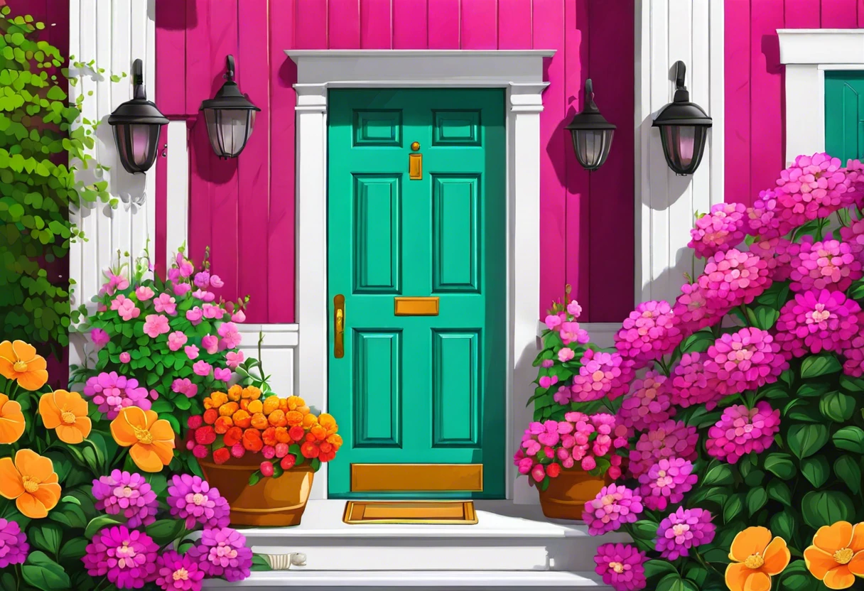 A vibrant teal front door framed by pink walls and blooming flowers, illustrating the idea of painting a front door.