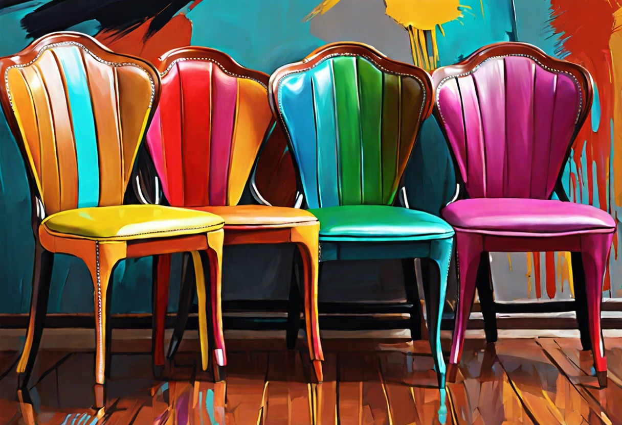 Four painted leather chairs in vibrant colors suggesting possibilities of painting leather chairs.