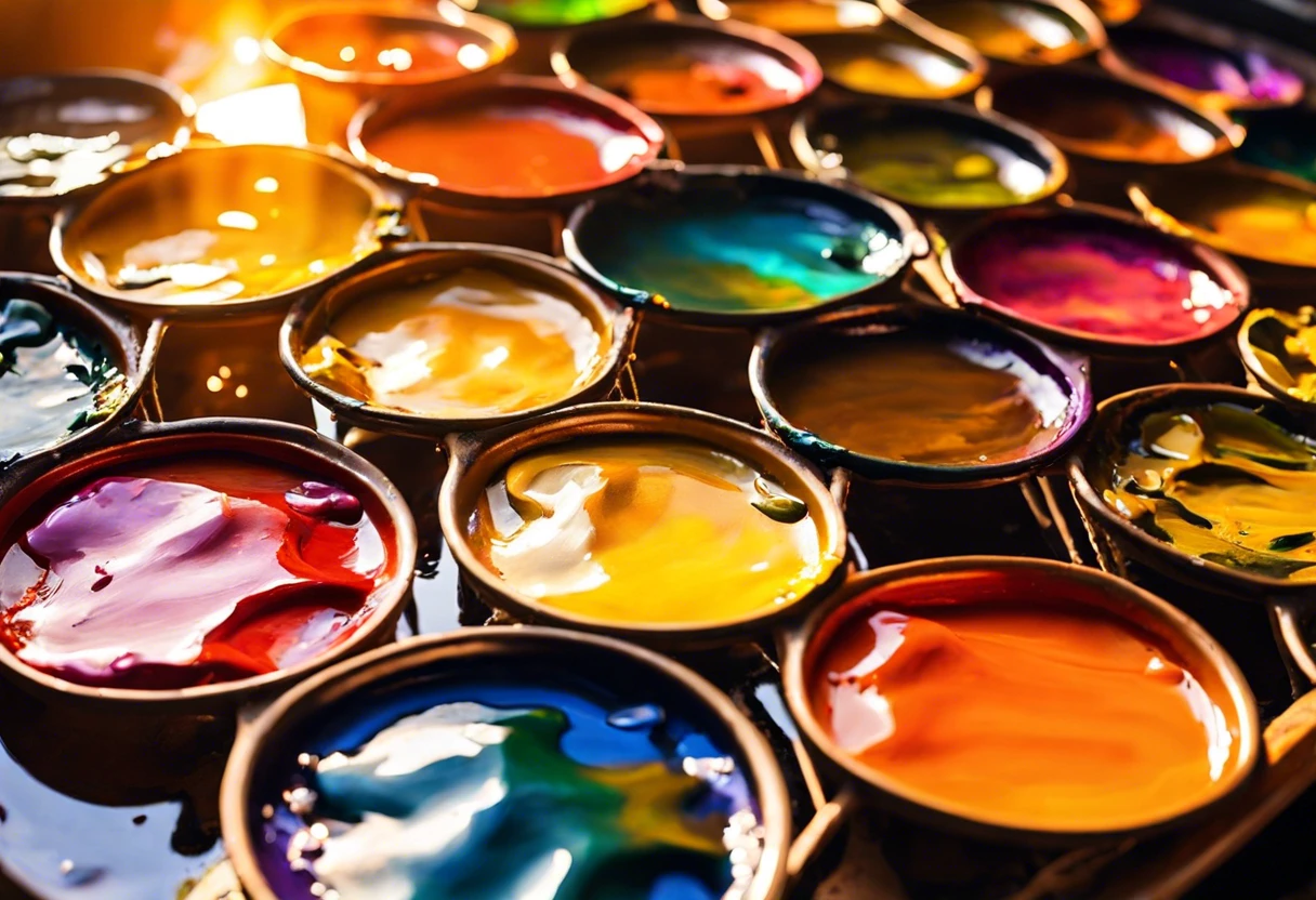 Various pans of colorful oil paint demonstrating the range of hues used in artistic painting techniques.