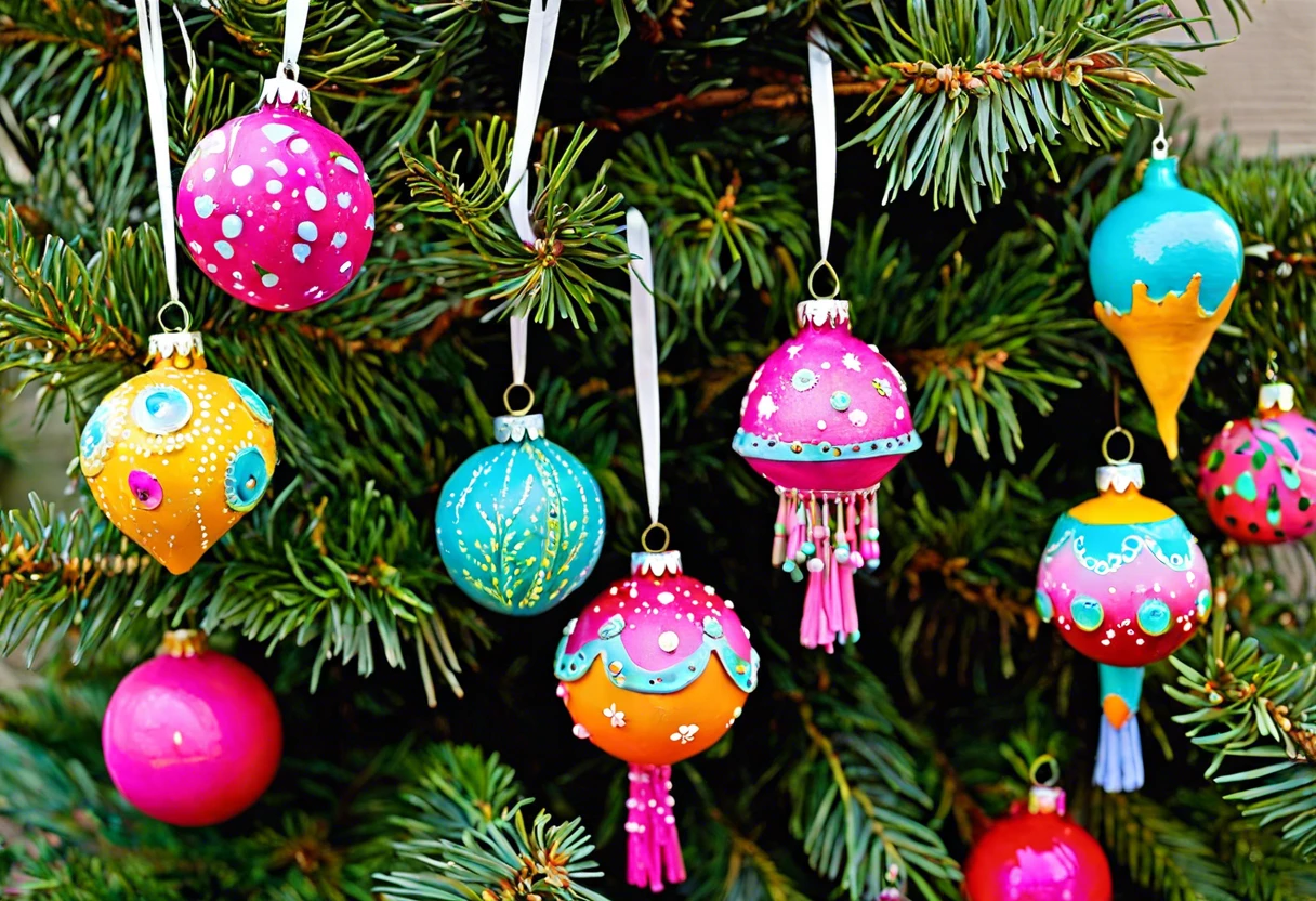 Beautifully decorated paint ornaments hanging on a Christmas tree, showcasing vibrant colors and creative designs.